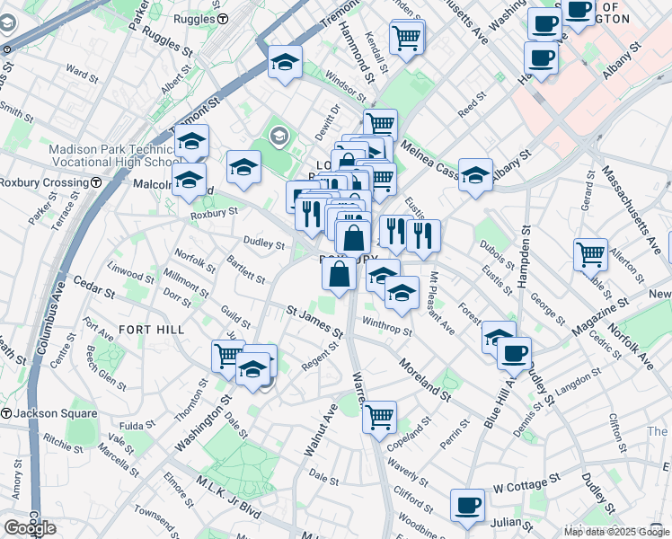 map of restaurants, bars, coffee shops, grocery stores, and more near 135 Dudley Street in Boston