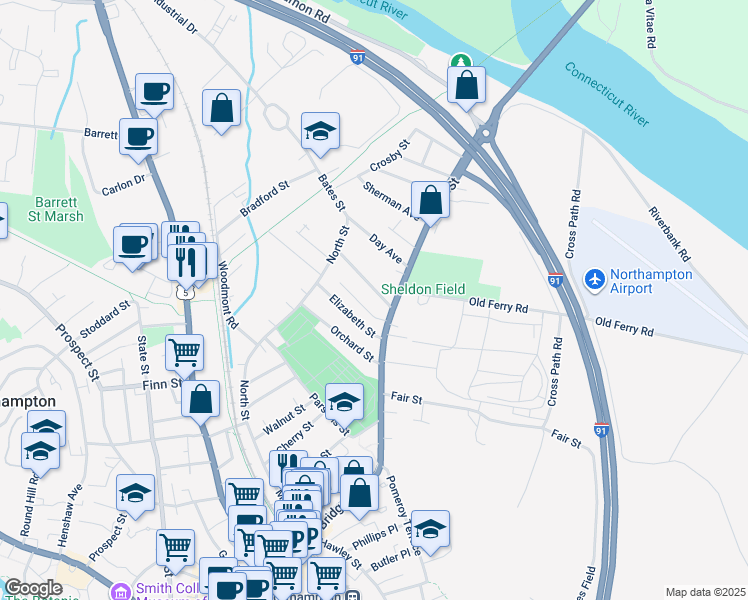 map of restaurants, bars, coffee shops, grocery stores, and more near 16 Lincoln Ave in Northampton