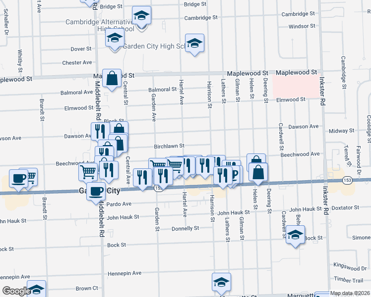 map of restaurants, bars, coffee shops, grocery stores, and more near 28549 Birchlawn Street in Garden City