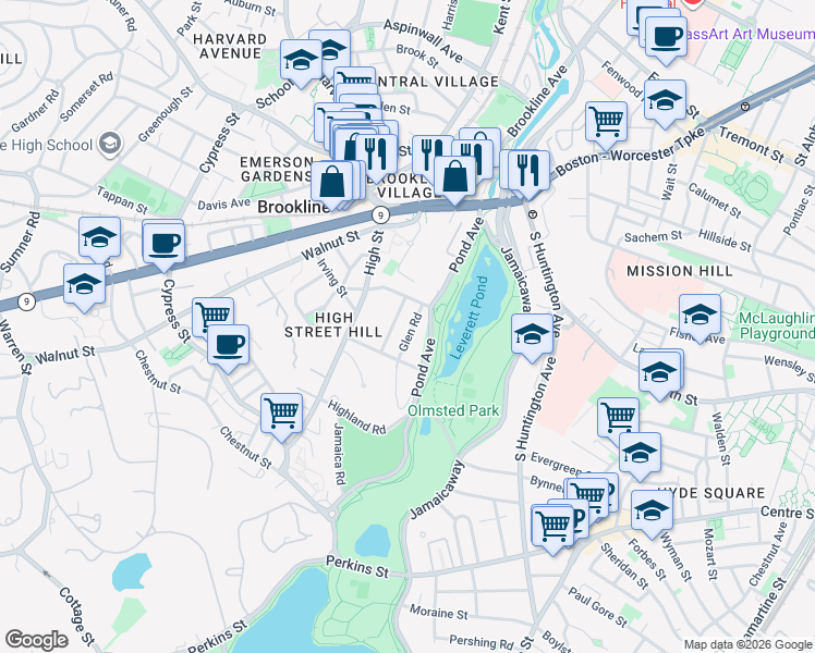 map of restaurants, bars, coffee shops, grocery stores, and more near 25 Glen Road in Brookline