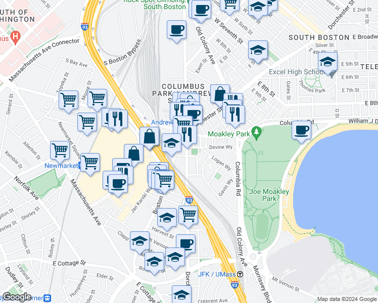 map of restaurants, bars, coffee shops, grocery stores, and more near 626 Dorchester Avenue in Boston