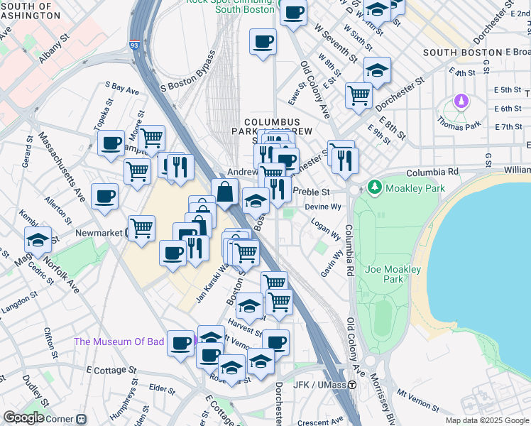 map of restaurants, bars, coffee shops, grocery stores, and more near 27-33 Boston Street in Boston