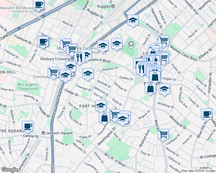 map of restaurants, bars, coffee shops, grocery stores, and more near 5 Lambert Avenue in Boston