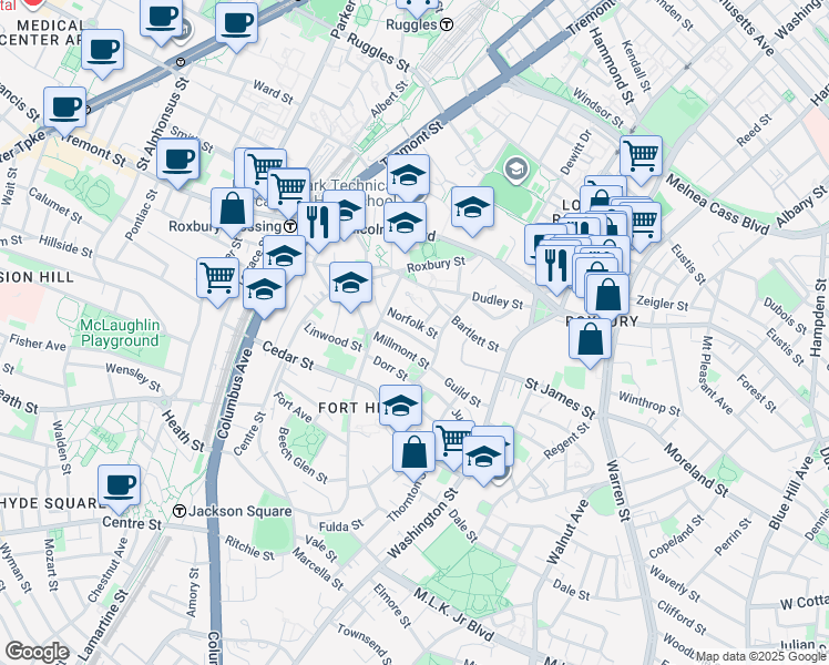 map of restaurants, bars, coffee shops, grocery stores, and more near 20 Lambert Street in Boston