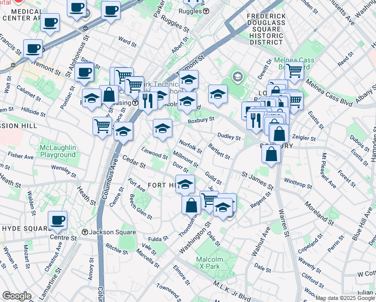 map of restaurants, bars, coffee shops, grocery stores, and more near 20 Lambert Street in Boston