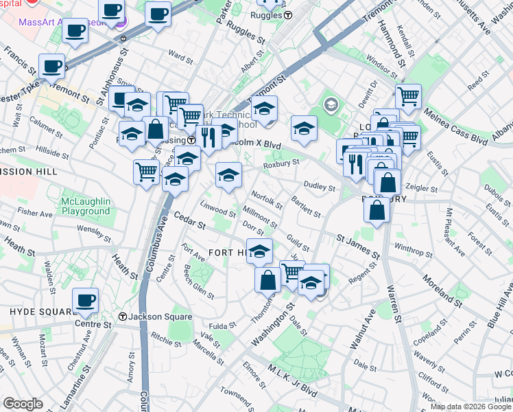 map of restaurants, bars, coffee shops, grocery stores, and more near 20 Lambert Street in Boston