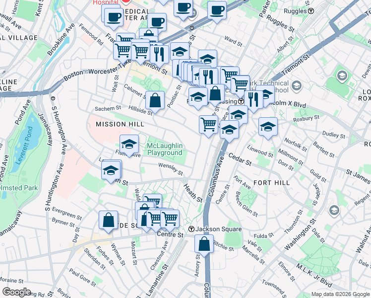 map of restaurants, bars, coffee shops, grocery stores, and more near 228 Calumet Street in Boston