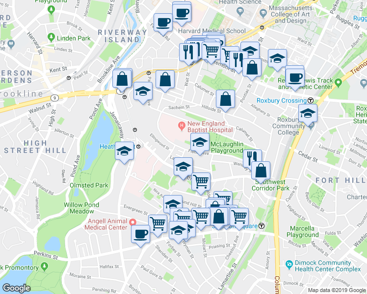 map of restaurants, bars, coffee shops, grocery stores, and more near 141 Fisher Avenue in Boston