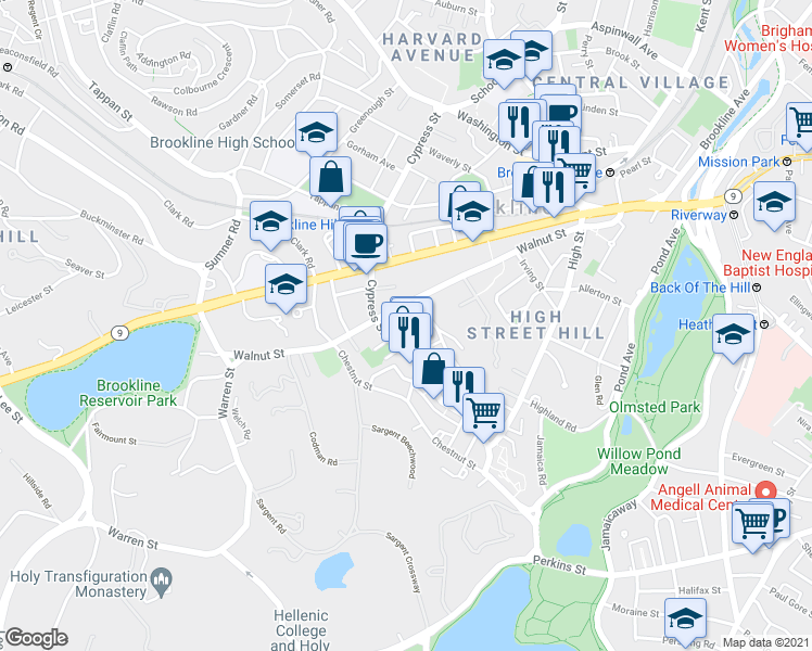 map of restaurants, bars, coffee shops, grocery stores, and more near 19 Oakland Road in Brookline