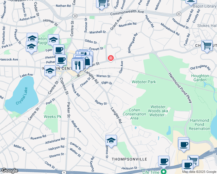 map of restaurants, bars, coffee shops, grocery stores, and more near 70 Elgin Street in Newton