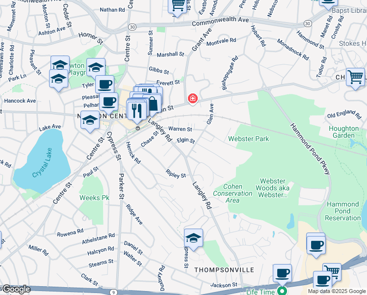 map of restaurants, bars, coffee shops, grocery stores, and more near 70 Elgin Street in Newton