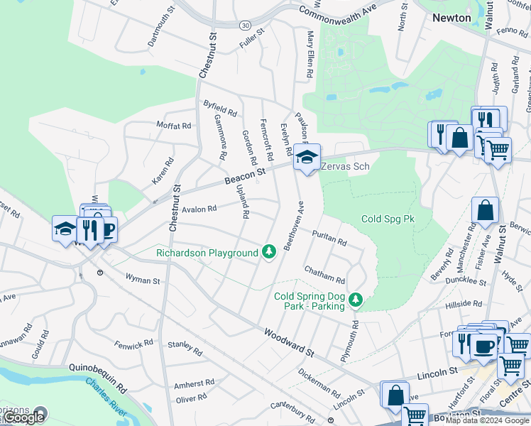 map of restaurants, bars, coffee shops, grocery stores, and more near 53 Allen Avenue in Newton