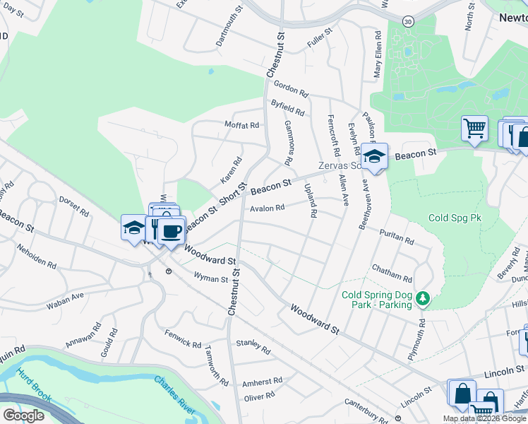 map of restaurants, bars, coffee shops, grocery stores, and more near 115 Avalon Road in Newton