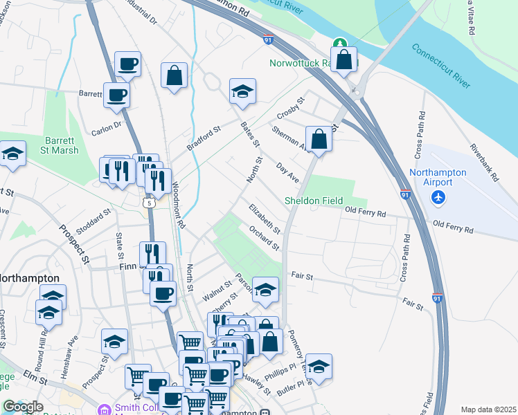 map of restaurants, bars, coffee shops, grocery stores, and more near 56 Grant Avenue in Northampton