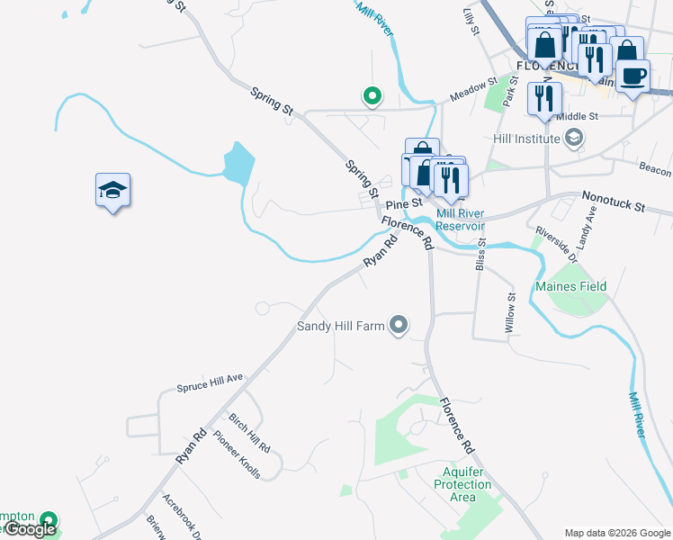 map of restaurants, bars, coffee shops, grocery stores, and more near 87 Ryan Road in Northampton