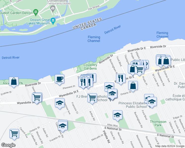 map of restaurants, bars, coffee shops, grocery stores, and more near 5055 Riverside Drive East in Windsor