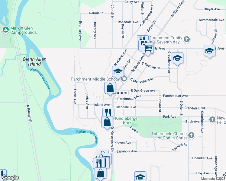 map of restaurants, bars, coffee shops, grocery stores, and more near 143 North Riverview Drive in Parchment