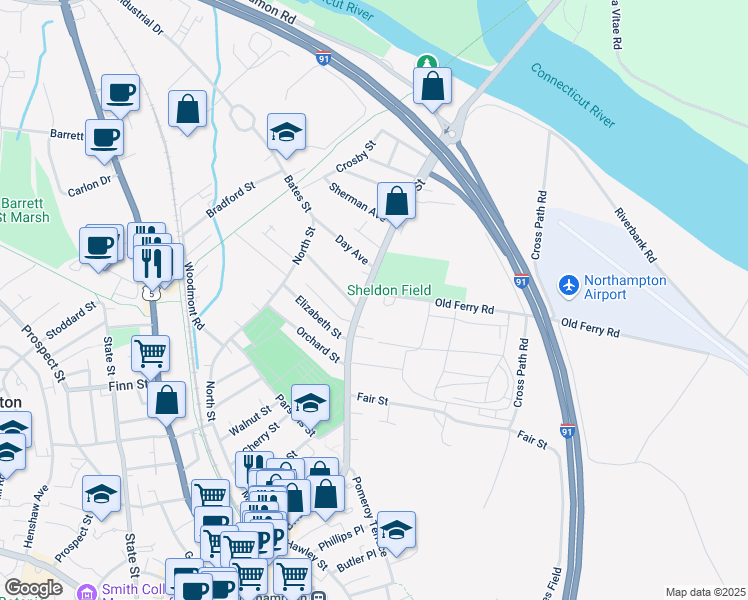 map of restaurants, bars, coffee shops, grocery stores, and more near 259 Bridge Street in Northampton