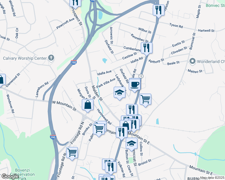 map of restaurants, bars, coffee shops, grocery stores, and more near 8 Park Villa Avenue in Worcester