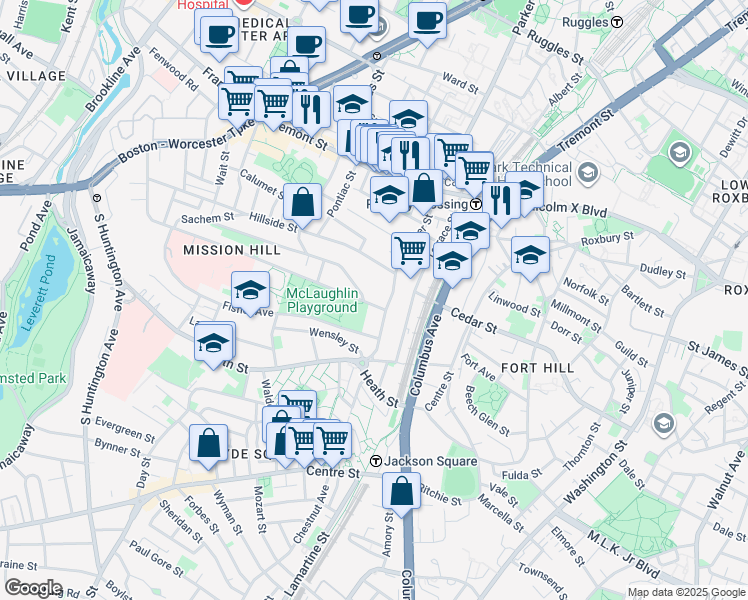 map of restaurants, bars, coffee shops, grocery stores, and more near 274 Parker Hill Avenue in Boston