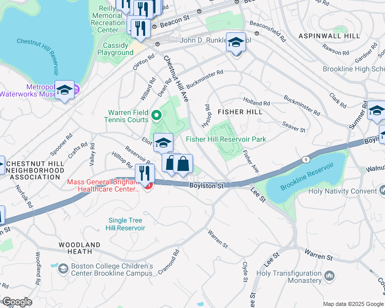 map of restaurants, bars, coffee shops, grocery stores, and more near 42 Loveland Road in Brookline