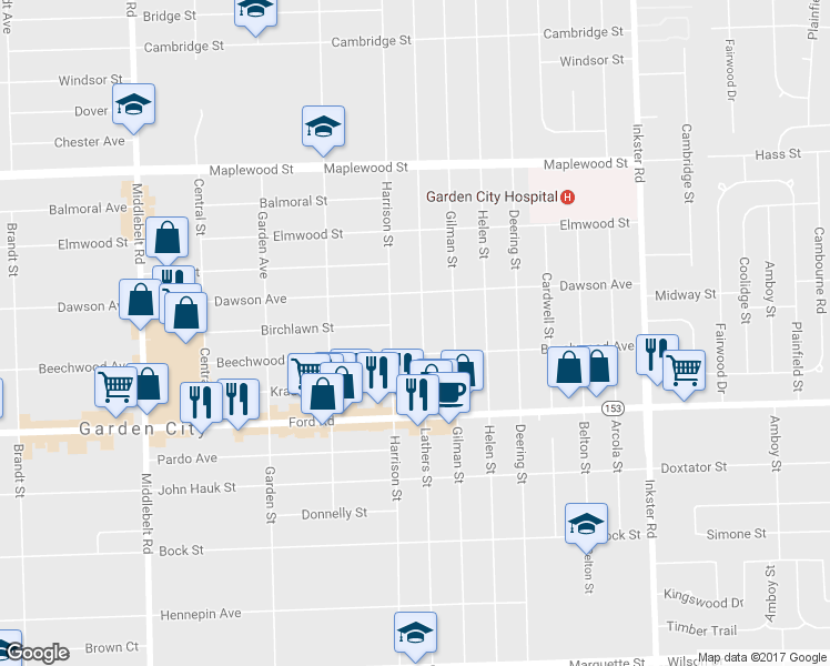map of restaurants, bars, coffee shops, grocery stores, and more near 5845 Lathers Street in Garden City