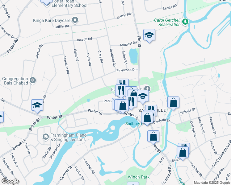 map of restaurants, bars, coffee shops, grocery stores, and more near 67 Nicholas Road in Framingham