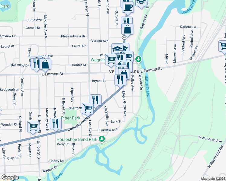 map of restaurants, bars, coffee shops, grocery stores, and more near 695 Capital Avenue Northeast in Battle Creek