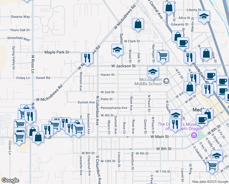 map of restaurants, bars, coffee shops, grocery stores, and more near 806 West 2nd Street in Medford