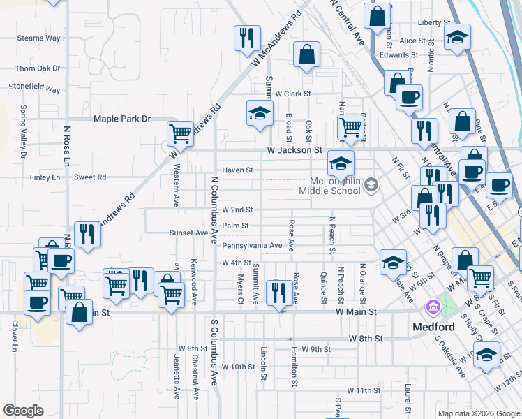 map of restaurants, bars, coffee shops, grocery stores, and more near W 2nd St & Summit Ave in Medford