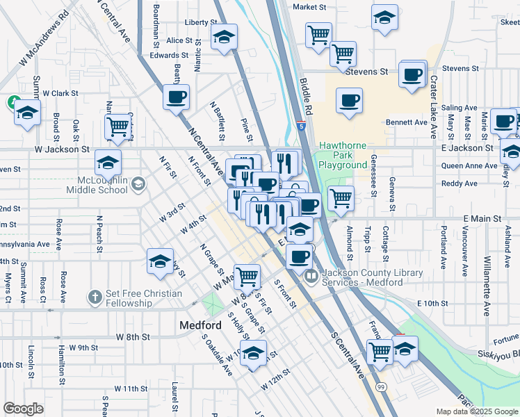 map of restaurants, bars, coffee shops, grocery stores, and more near 275 East 5th Street in Medford