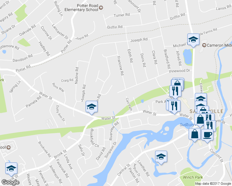 map of restaurants, bars, coffee shops, grocery stores, and more near 47 Pinewood Drive in Framingham