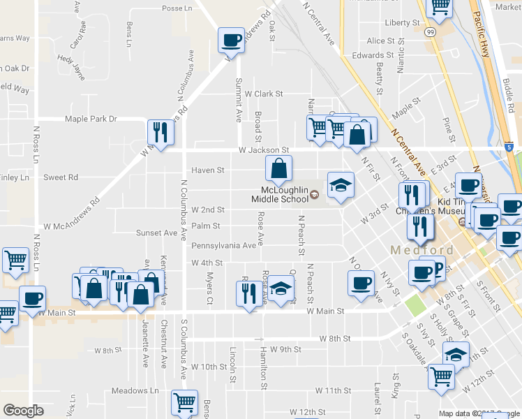 map of restaurants, bars, coffee shops, grocery stores, and more near W 2nd St & Rose Ave in Medford
