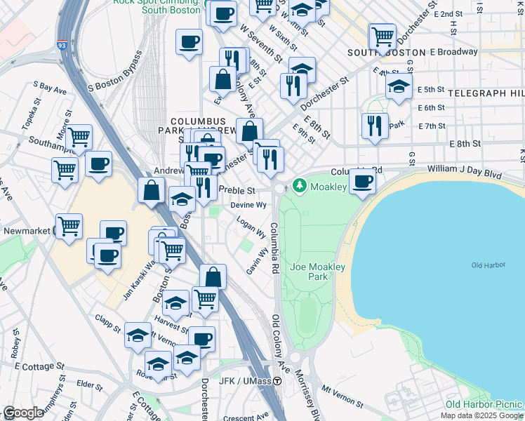 map of restaurants, bars, coffee shops, grocery stores, and more near 3 McDonough Way in Boston