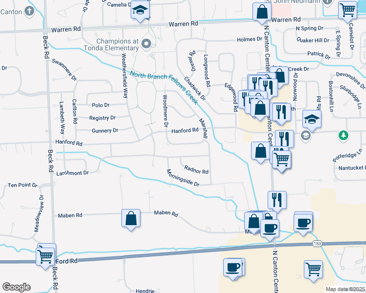 map of restaurants, bars, coffee shops, grocery stores, and more near 45733 Bryn Mawr Road in Wayne County