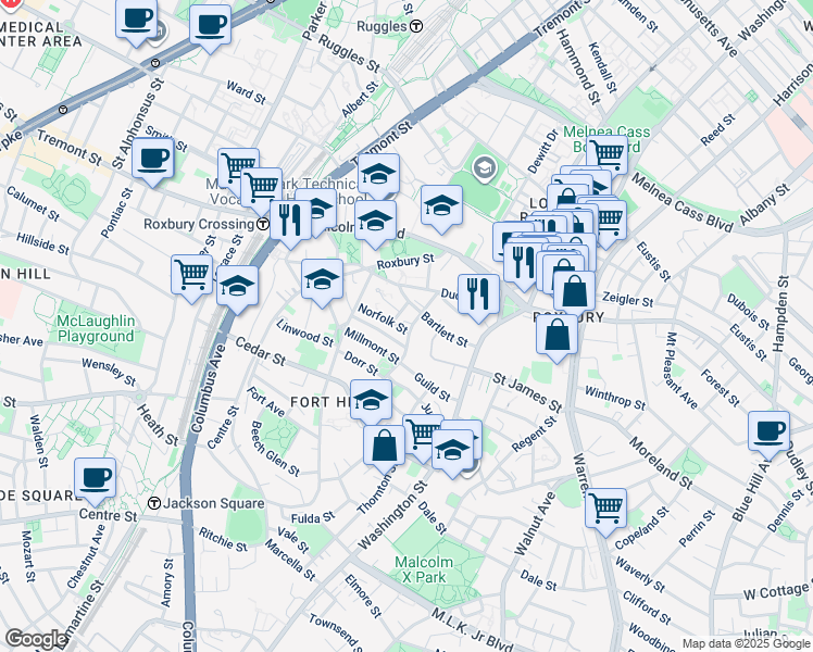 map of restaurants, bars, coffee shops, grocery stores, and more near 17 Lambert Avenue in Boston