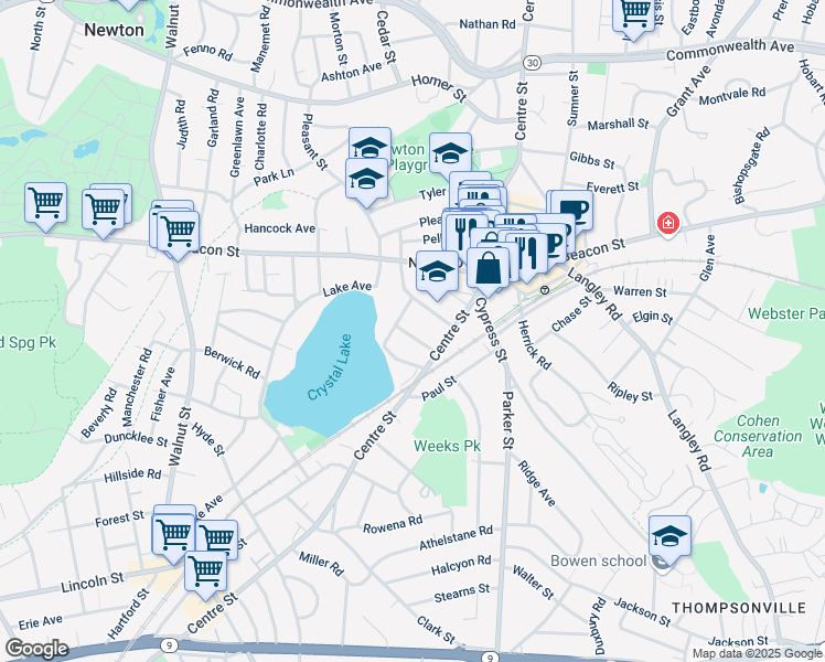 map of restaurants, bars, coffee shops, grocery stores, and more near 14 Trowbridge Street in Newton