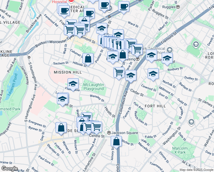 map of restaurants, bars, coffee shops, grocery stores, and more near 234 Calumet Street in Roxbury Crossing