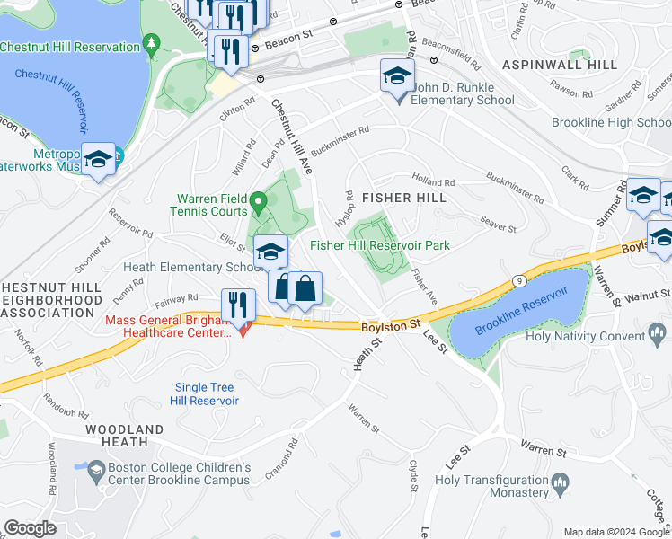 map of restaurants, bars, coffee shops, grocery stores, and more near 635 Chestnut Hill Avenue in Brookline
