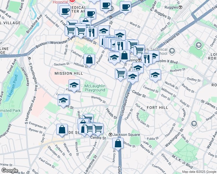 map of restaurants, bars, coffee shops, grocery stores, and more near 228 Calumet Street in Boston