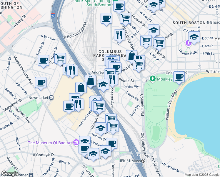 map of restaurants, bars, coffee shops, grocery stores, and more near 626 Dorchester Avenue in Boston