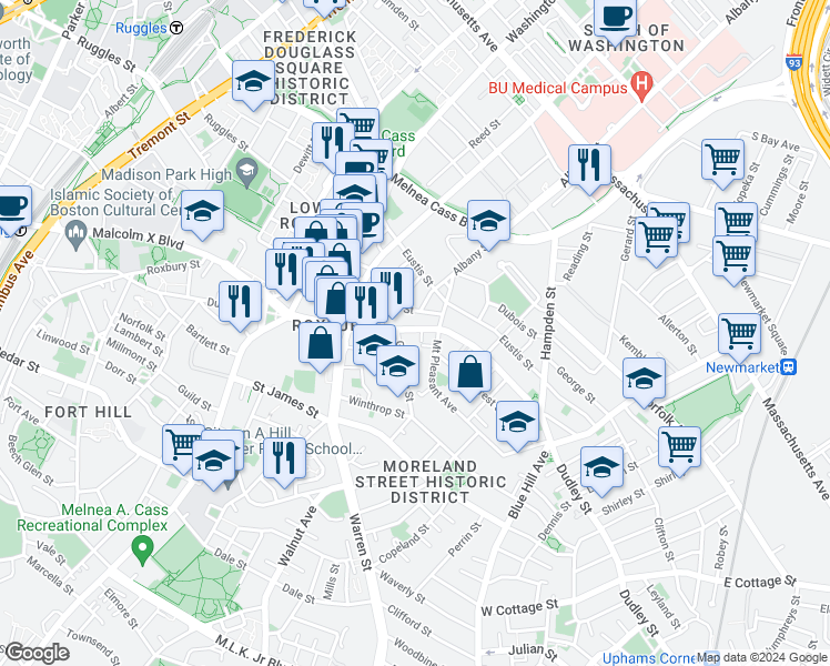 map of restaurants, bars, coffee shops, grocery stores, and more near 221 Dudley Street in Boston