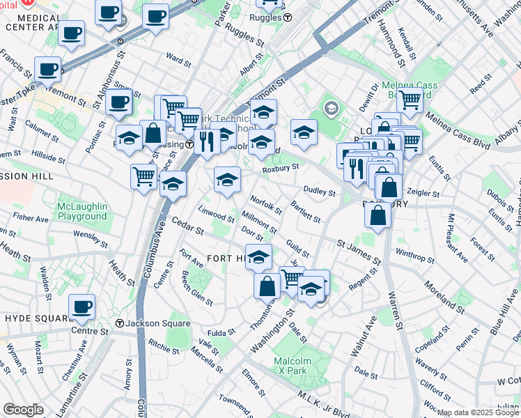 map of restaurants, bars, coffee shops, grocery stores, and more near 20 Lambert Street in Boston