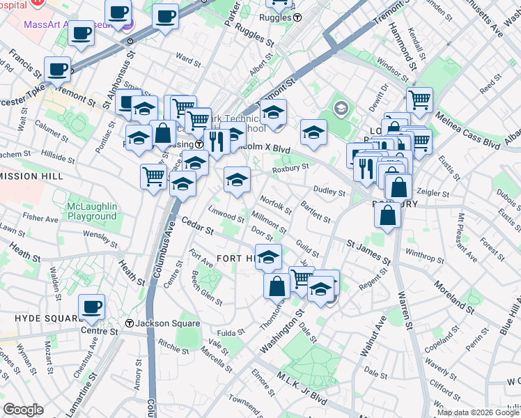 map of restaurants, bars, coffee shops, grocery stores, and more near 20 Lambert Street in Boston