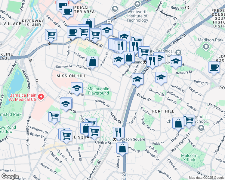 map of restaurants, bars, coffee shops, grocery stores, and more near 228 Calumet Street in Boston