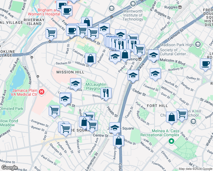 map of restaurants, bars, coffee shops, grocery stores, and more near 228 Calumet Street in Boston