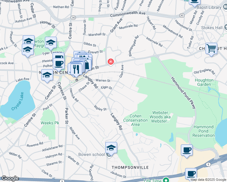 map of restaurants, bars, coffee shops, grocery stores, and more near 88 Glen Avenue in Newton