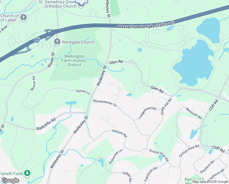 map of restaurants, bars, coffee shops, grocery stores, and more near 36 Pond Brook Circle in Weston