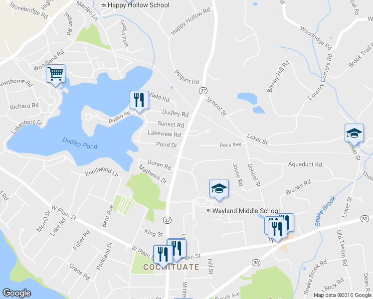 map of restaurants, bars, coffee shops, grocery stores, and more near 46 Peck Avenue in Wayland