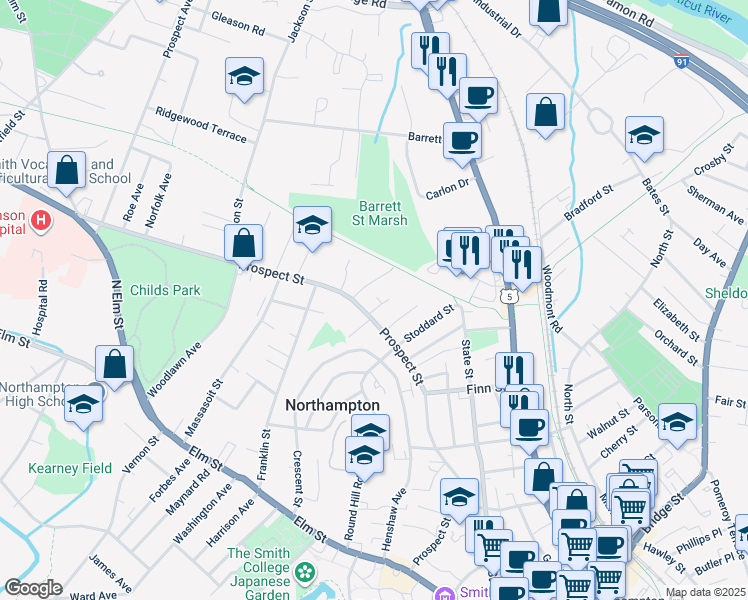 map of restaurants, bars, coffee shops, grocery stores, and more near 12 Lawn Avenue in Northampton